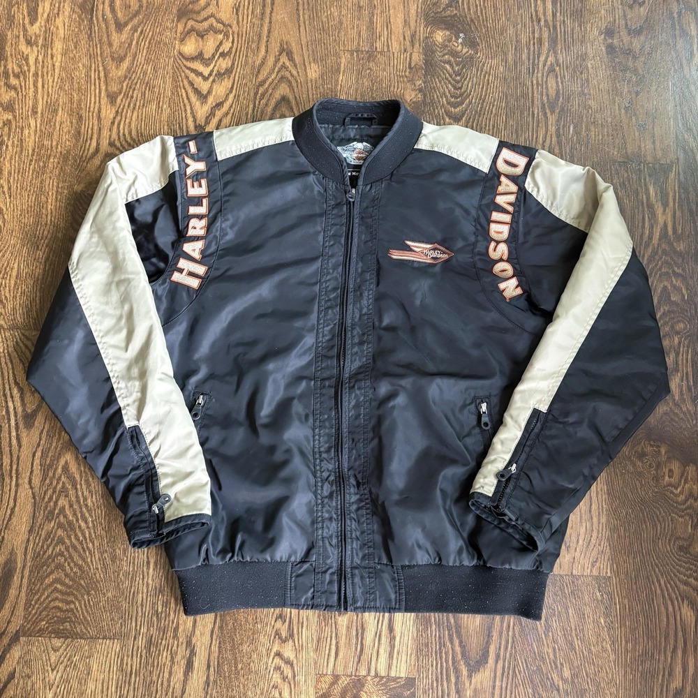 Harley Davidson Bomber Jacket Large Black Beige Nylon Embroidered Biker Spellout